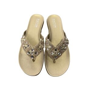 Kenneth Cole Reaction Glam-athon Beaded Thong Sandals Gold Size 6.5‎ New